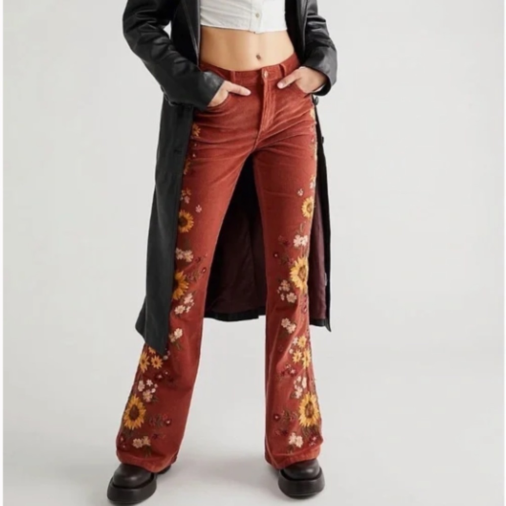 Free People Driftwood Falling Sunflower Farrah Embroidered Cord Flare Jeans
